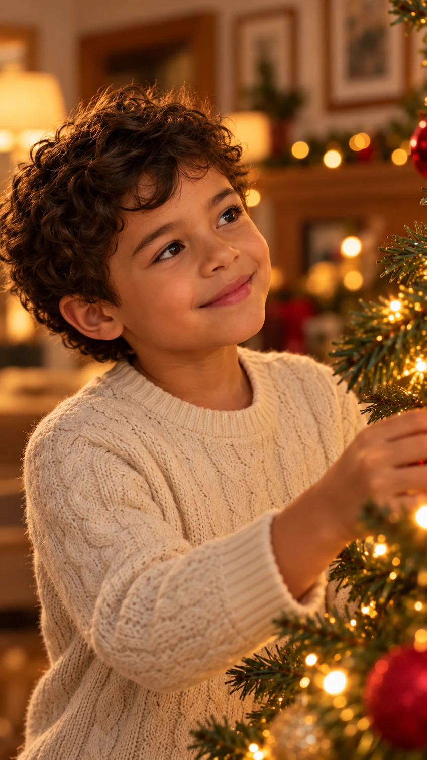 Menino observa um medalhão Levi na árvore de Natal.
